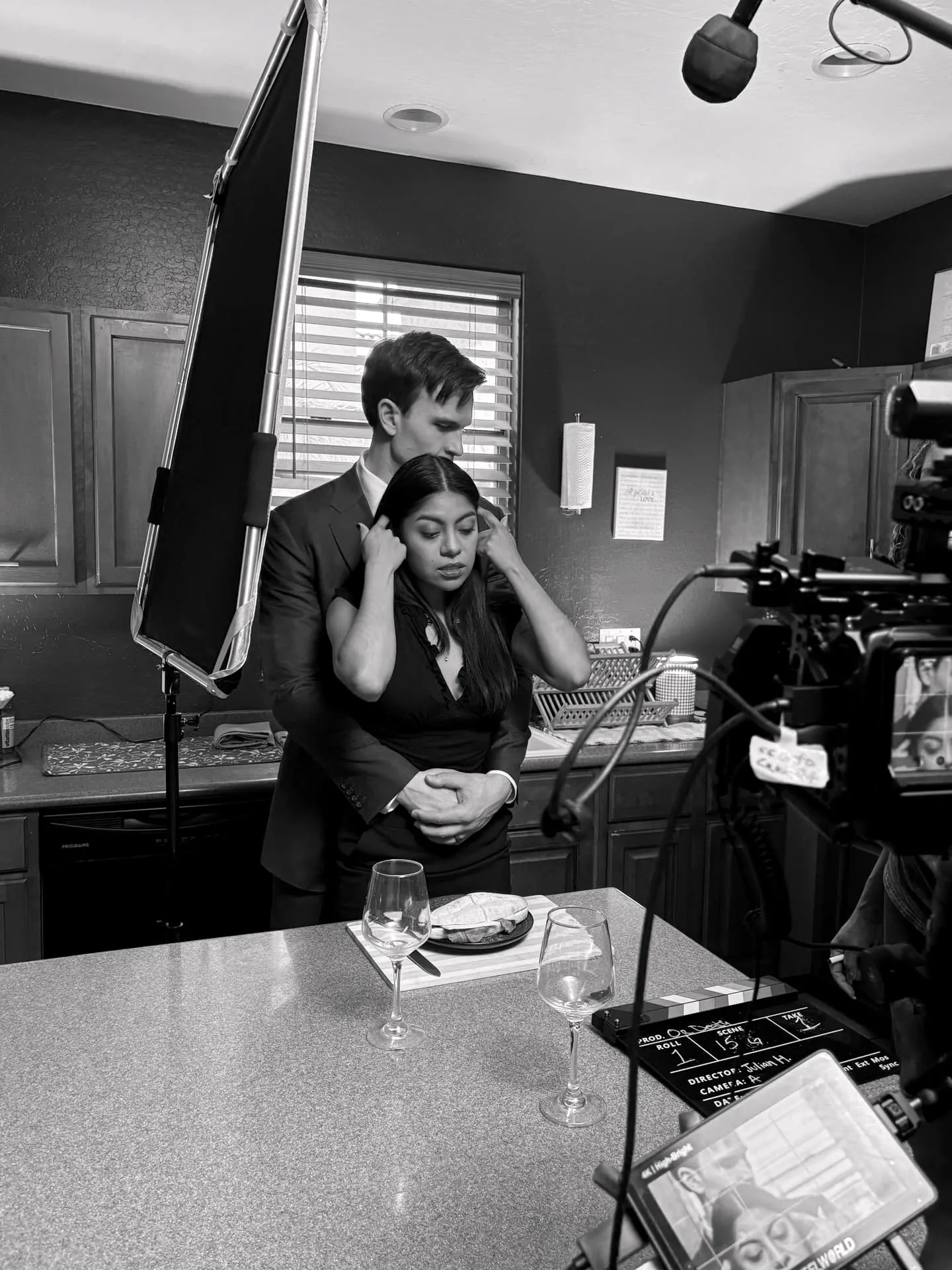 Or Death, behind the scenes — resetting between takes, key light and monitor in frame