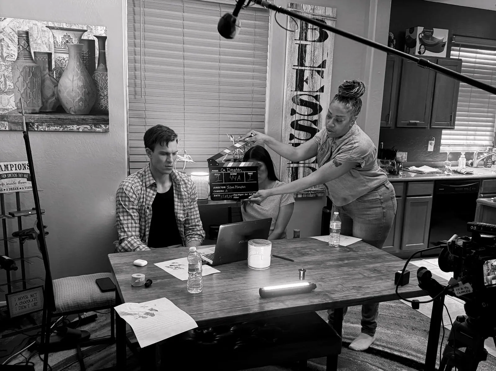 Or Death, behind the scenes — the table setup with the boom rigged overhead