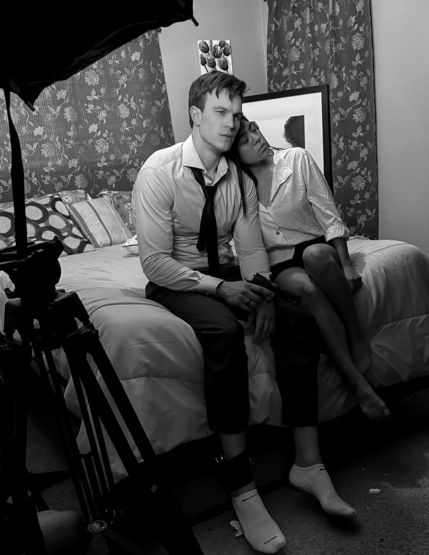Or Death, behind the scenes — the bedroom setup lit, actors in place